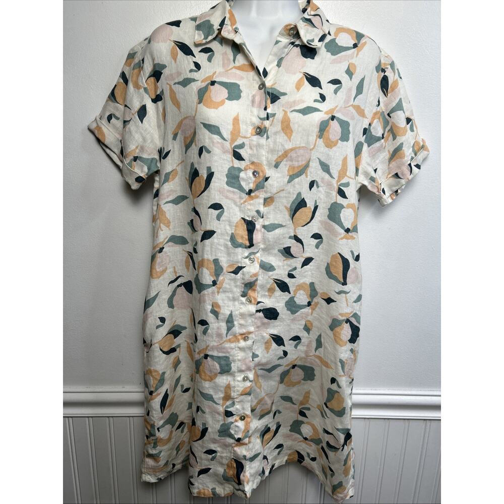 Rachel Zoe 100% Linen Printed Button Up Shirt Dress S Floral Collared Pockets